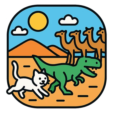 A white cat chasing a T-Rex in the desert with a herd of camels staring at them sticker