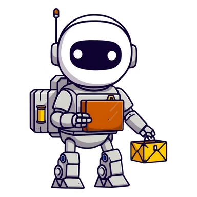 Rusted scavenger robot with patchwork body plates carrying collected treasures sticker