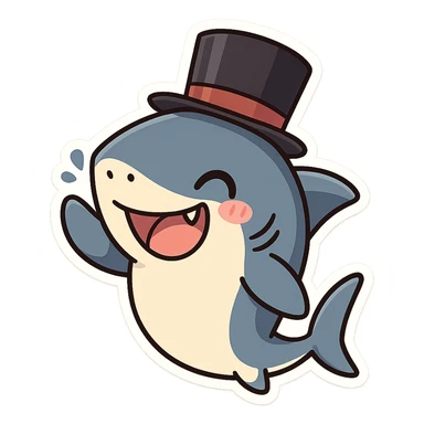a fun and expressive shark wearing a top hat, cartoon style, playful, cute character, friendly and approachable sticker