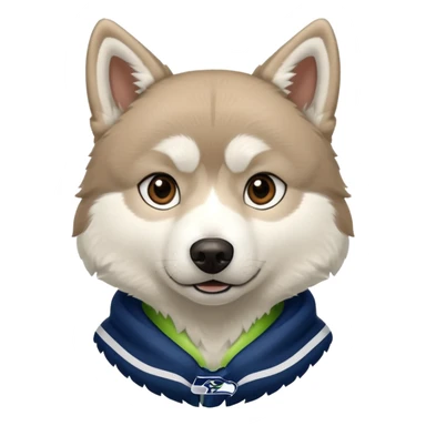 White  brown husky with Seattle Seahawks gear sticker