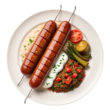 Cinematic Realistic image of a long, sausage-shaped Turkish Köfte, rendered with richly spiced meat textures and subtle grill marks, artfully arranged on a traditional Turkish ceramic plate alongside classic sides such as a serving of aromatic pilaf, crisp grilled vegetables, and a dollop of creamy yogurt, all bathed in warm, appetizing lighting that emphasizes its savory allure. sticker