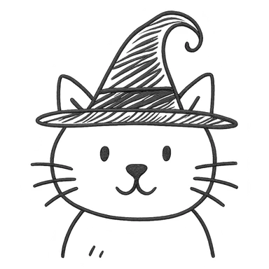cat with a black hat, hand drawn outline icon style sticker