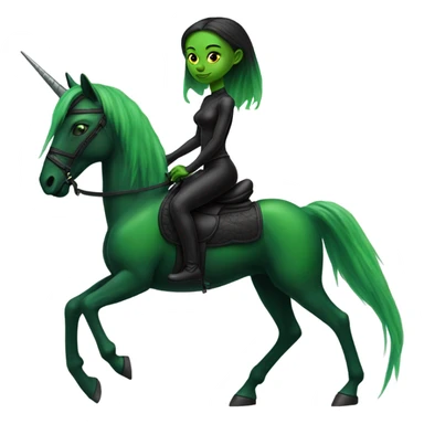 a green amazon alien woman on a black unicorn sticker