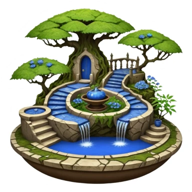 Alien saucer house jungle-vines stairway fountain mountain-island landscape antique mudman very old broken cracked intricate Stone Age lapis-crusted irregular dodecagon-shaped shallow dark moss rough bark blue serissa flowered maple tree bonsai pot sticker