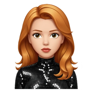 Scarlett Johansson with long reddish blonde hair, black sequin outfit sticker