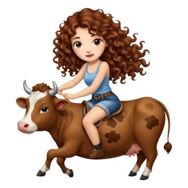 cute woman long curly brown hair tattoos riding gentle cow sticker