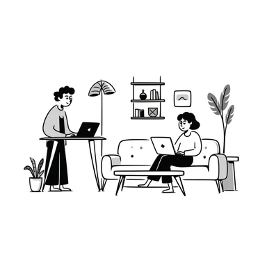 escenary 3d of a cozy mid-century living room with two people working on laptops, one man standing at a desk, and one woman sitting on a couch sticker