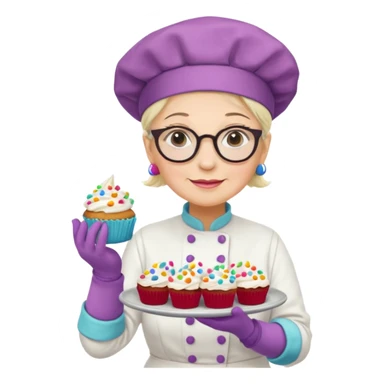 Older female pastry chef – round glasses, oven mitts on, holding a tray of cupcakes

 sticker