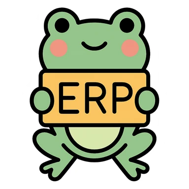 frog holding a sign that says ERP, colorful outlined icon style sticker