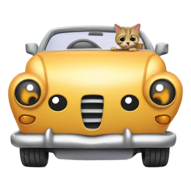 A cartoon emoji-style car with a curious cat peeking out from the open hood of the engine compartment. sticker