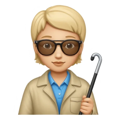 A blind person wearing sunglasses and holding a guide cane sticker