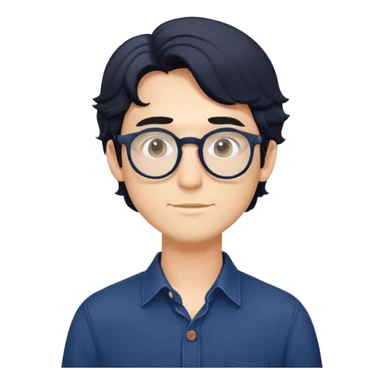 Young caucasian man with slightly longer wavy black hair, round glasses, torso only, wearing dark blue relaxed buttoned-up shirt sticker