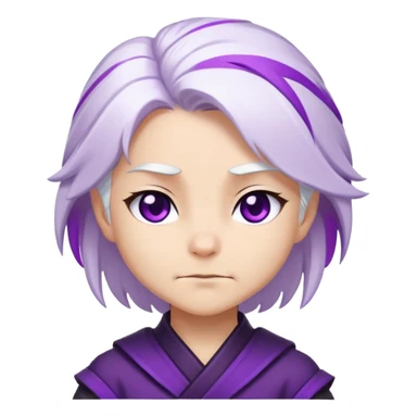 Chibi Sable Ward with smirk expression, confident side smile, raised eyebrow, white hair with purple streaks, fully purple eyes, smug look sticker