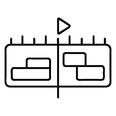 Video editing timeline interface with multiple video clips, time markers, and a playhead cursor sticker