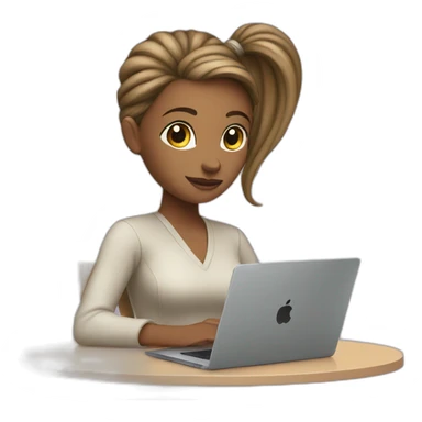 Woman with ponytail sitting at table with Apple laptop sticker
