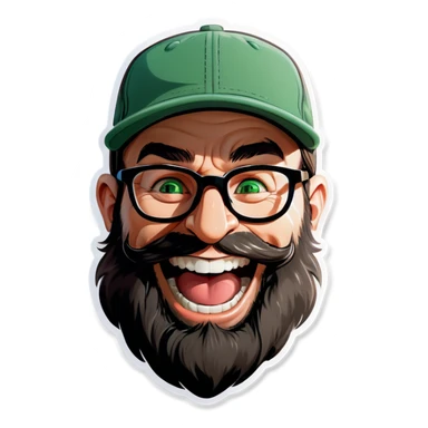 A man with a grey baseball cap, green eyes, big dark brown beard and glasses, laughing out loud  sticker