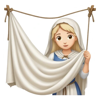 young washerwoman hanging large white cloth, age medieval sticker