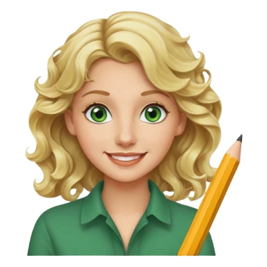 blonde woman, age 25-30, green eyes, wavy hair, pencil behind ear, creative product designer sticker