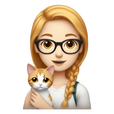 White skin, short strawberry-blonde haired girl with glasses holding calico cat sticker