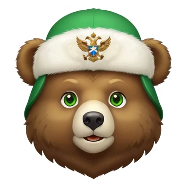 Cute Russian brown bear head with friendly expression and bright green eyes, wearing white furry ushanka hat with realistic double-headed eagle coat of arms centered, iOS emoji style sticker