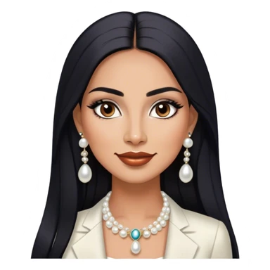 beautiful fit tall woman boss, with long straight black hair, with make up, black eye liner, smile mooth close, mexican, brown skin, wearing beautiful couture outfit and white pearl earings sticker