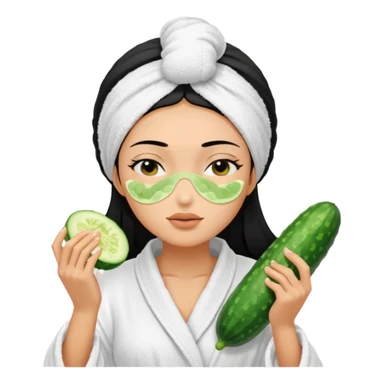 woman with black hair in bath robe with towel on head, cucumber slices covering closed eyes, facial mask on face sticker