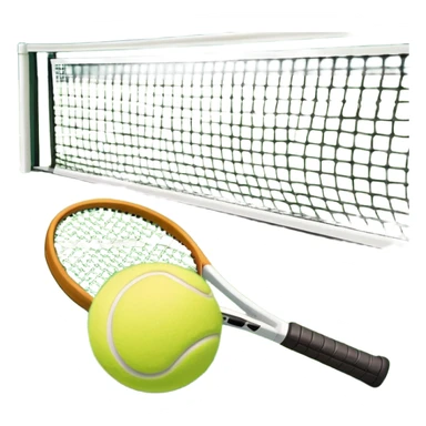 A tennis racket and a ball placed on the ground, with a tennis court in the background. The court lines and net are visible, emphasizing the structure and focus of the sport, creating a dynamic and energetic vibe. sticker