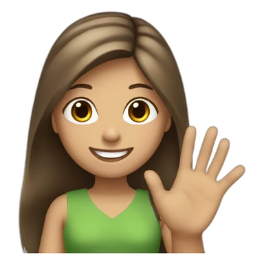 Girl with brown, long and straight hair smiling kindly and waving with the left hand, wearing a green dress sticker