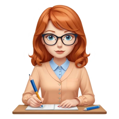 redheaded woman with long wavy hair and bangs, blue eyes, cat-eye glasses, wearing a pencil skirt and apricot blouse, holding a pencil sticker