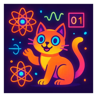 vibrant, playful quantum cat glowing, surrounded by quantum symbols sticker