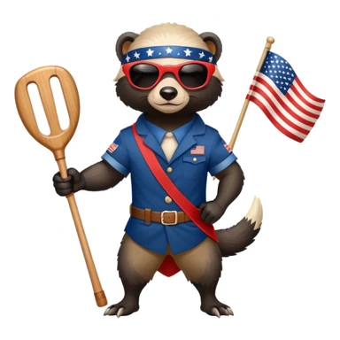 friendly anthropomorphised honey badger in USA Independence Day outfit, wearing sunglasses, holding a club, ready stance sticker
