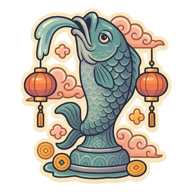 elongated vertical fountain shaped like a serious fish with a water stream flowing from its mouth, retro-stickers style, eastern decor with patterns, clouds, coins, lanterns, detailed drawing with shadows and highlights, thin clean contours, soft rounded shapes, pastel palette #98B5BC, #B5B3C1, #C9A3C9, #E4C0CA, #F7DCD1, #F7C0AA, modern Japanese pop art, soft lighting, transparent background sticker