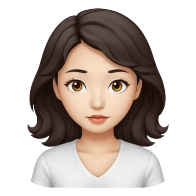 iOS style emoji. A girl with very long dark brown wavy hair. And the eyes color is dark brown. And she is wearing white t shirt with V kneck. And she is 30. She is Asian with double eyelids  sticker