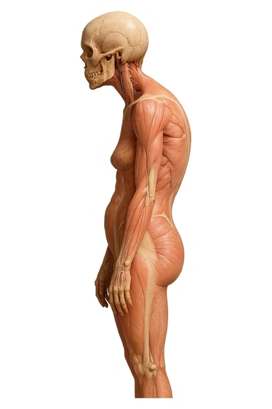 corpo umano anatomico di una donna di profilo con postura errata e spalle curve in avanti
IPERREALISTICO 4K sticker