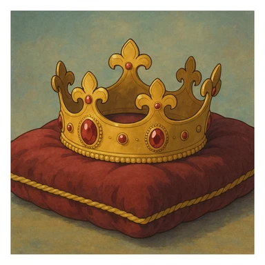 golden crown with rubies lying on a velvet pillow with golden edges sticker