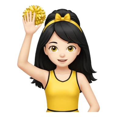 A long black hair teen girl waving pom-poms, eyes sparkling with excitement, yellow cheer leader top sticker