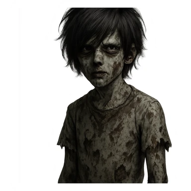 creepy boy zombie, black shaggy emo hair, medium long, dark and haunting expression sticker