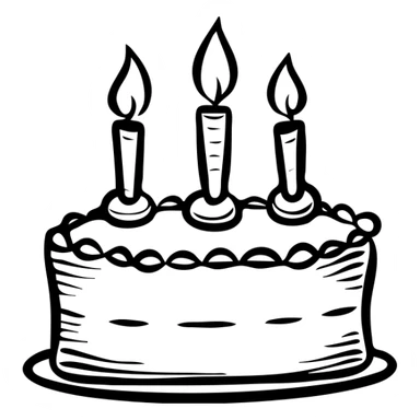 A birthday cake with lit candles and decorative frosting sticker