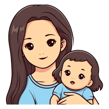 A girl with black brown long hair with baby face features with  sticker