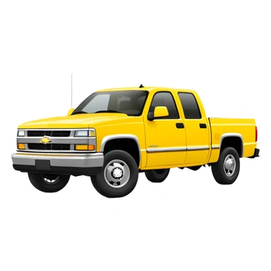 Simplified bright yellow 1997 Chevrolet C-2500 Crew Cab Silverado from Kill Bill, 30-degree angle, four-door pickup truck, minimal details, vibrant yellow color, iOS emoji style sticker