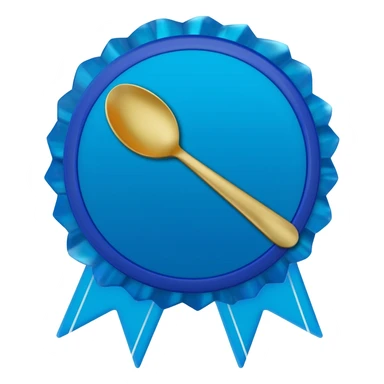 Blue verification badge with ribbons, gold spoon centered on badge sticker