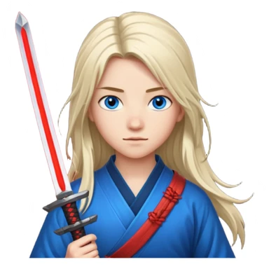 A 14 year old with red glowing katana and his hair be long and eye colour of blue with beautiful background sticker