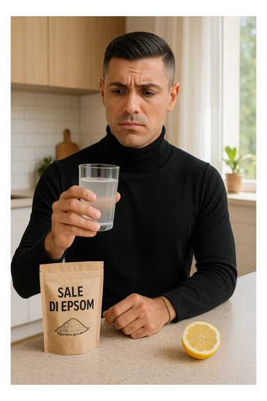 A realistic, bright photo-style image of a young man in his 30s standing in his kitchen, holding a clear glass filled with water in which Epsom salt (magnesium sulfate) has been dissolved. He looks focused but slightly uncertain as he prepares to drink it for a liver flush or digestive cleanse. The glass shows slight cloudiness from the dissolved salt. On the counter are a packet labeled 'Sale di Epsom' and a sliced lemon, suggesting he might use it to mask the taste. The setting is clean, natural, and bright with neutral tones. The background shows sunlight streaming through a window, emphasizing a clean, minimalist health-focused environment. The mood conveys a realistic, calm moment of self-care with a hint of discomfort, illustrating a natural detox practice in italiano sticker