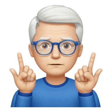 man wearing blue glasses, white hair, finger crossed sticker