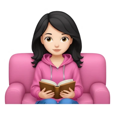 Una chica linda de cabello negro con ondas hasta los hombros de piel blanca con una sudadera rosa en un sofá cómodo y hermoso leyendo la biblia sticker