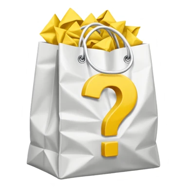 crumbled white goodiebag with yellow questions mark boxes stuffed in it sticker