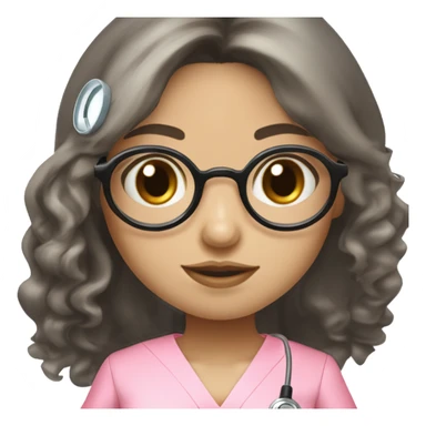 PrettyAian girl (beige white skin tone and big eyes) with circle silver glasses, hair bang and wavy long black hair , wearing a pink nurse uniform (scrub) with a stethoscope sticker
