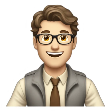 Joyful Celebrating victory Hands up Pale skinned Fit Man With dark brown hair in gray jacket, beige office shirt, Brown pants and vintage glasses sitting In a soft chair sticker