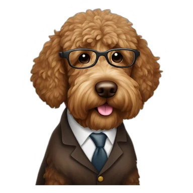 A chocolate colored golden doodle wearing a suit and glasses on the stand in court sticker