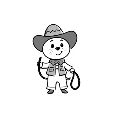 A hand-drawn plush baby cowboy toy with a lasso and cute freckles sticker